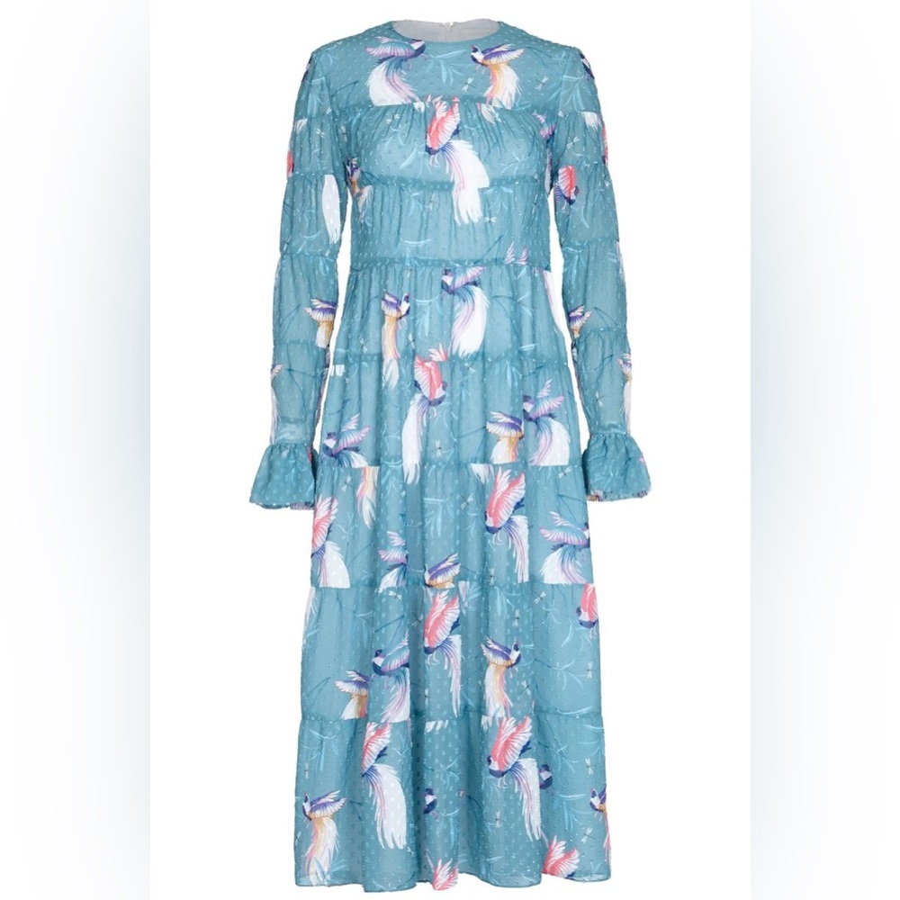 Borgo De Nor Teal Blue Long-Sleeve Tiered Dress with Bird Print